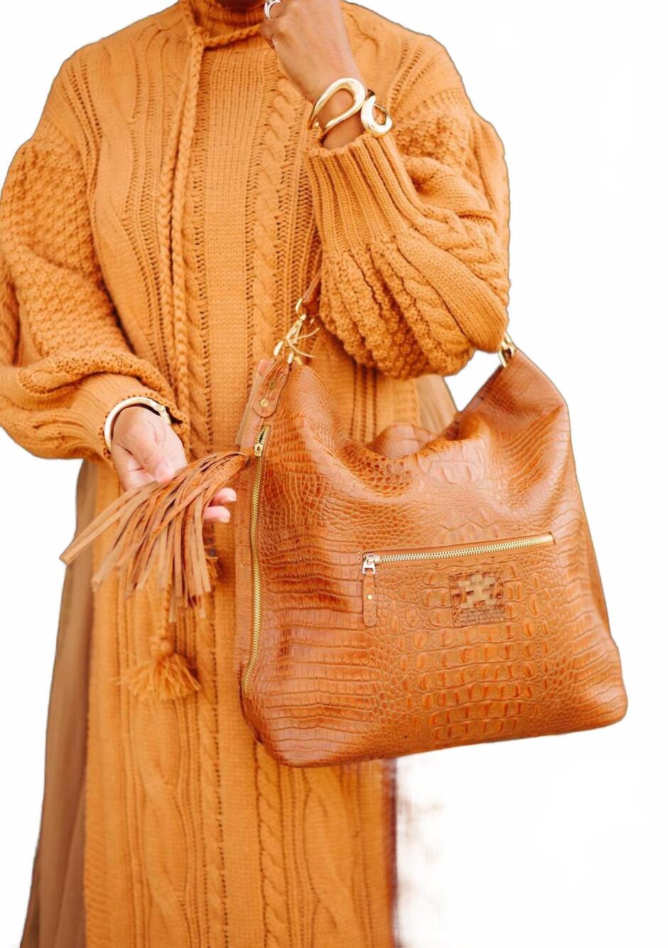 NEW CHARLIE LEATHER marta croco large cross body handbag in cognac